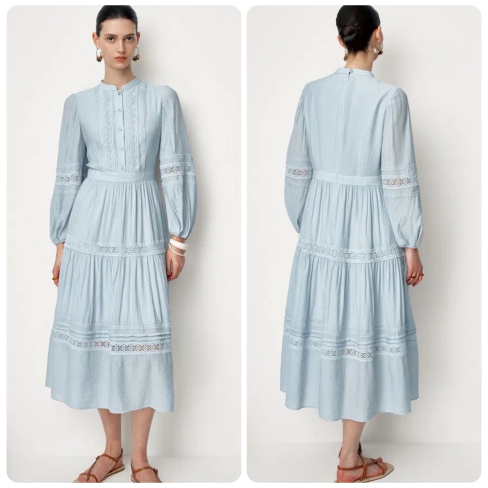 Light Blue Lace-Trim Midi Dress